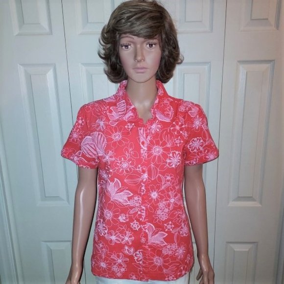 IB Diffusion Coral/White Floral Short Sleeve Button Up Blouse Size S NWOT - Picture 1 of 7